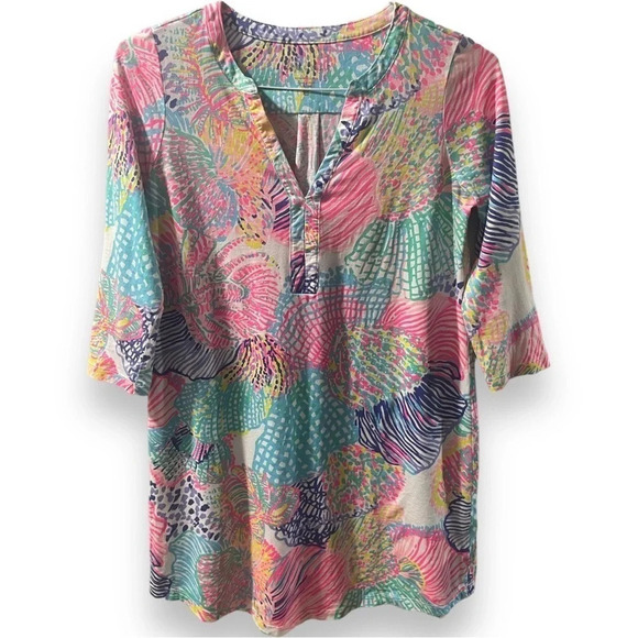 Lilly Pulitzer Ali Dress Pink Roar of The Seas, Pima Cotton V Neck - Picture 3 of 7